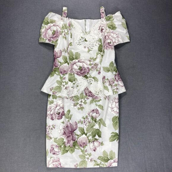 Scott McClintock Vintage Midi Dress Sz 14 Floral Cottage Core Off Shoulder Lace - Picture 2 of 16